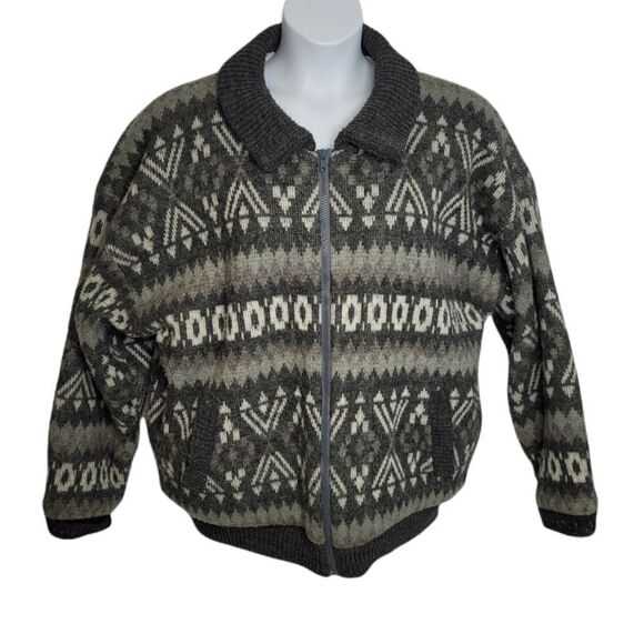 VINTAGE 90s gray fair isle sherpa lined‎ zip up sweater jacket shacket unisex L - Picture 1 of 8
